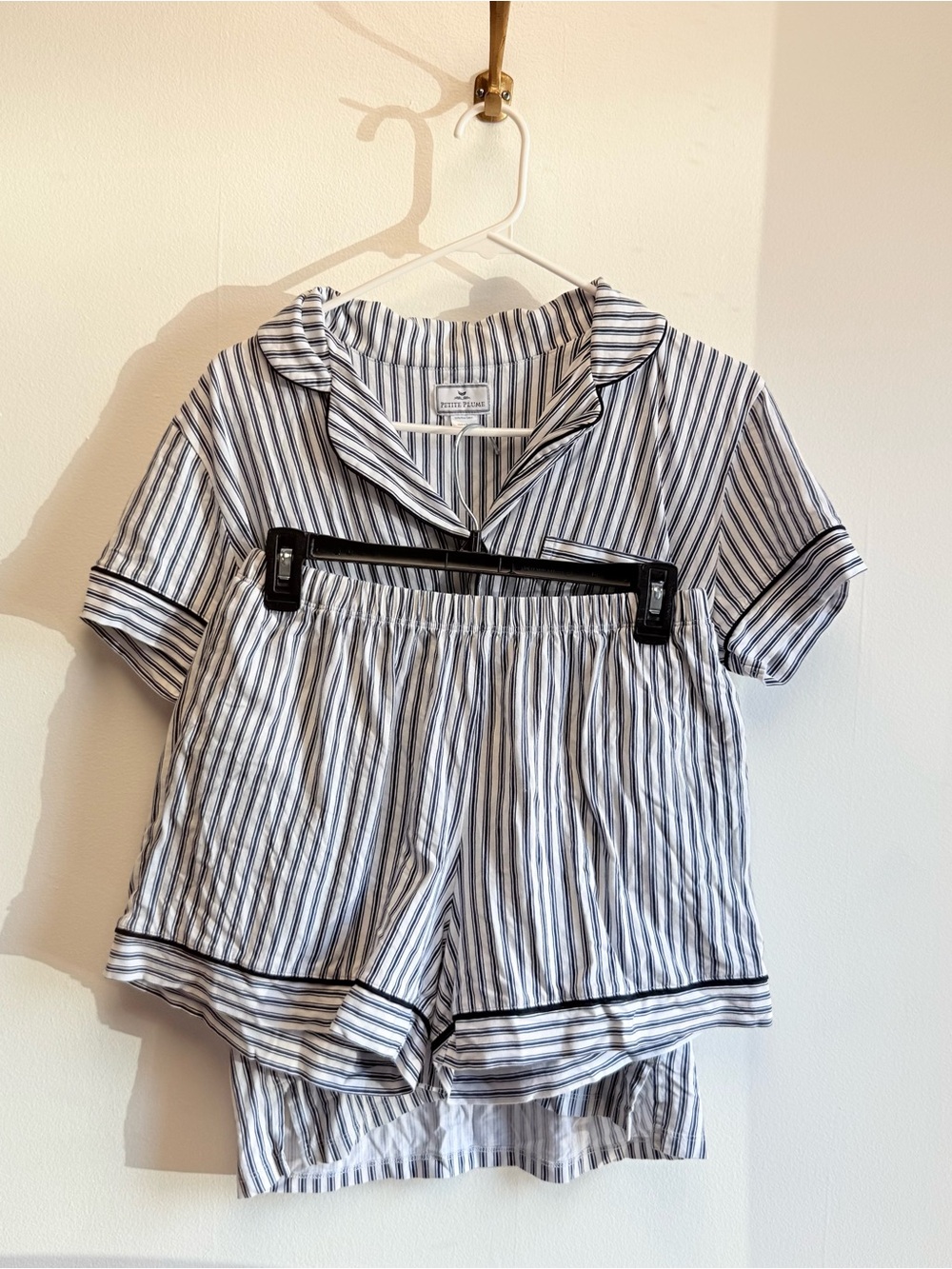Petite Plume Navy Blue White Stripe Short Button Top Matching Pajama Set Medium